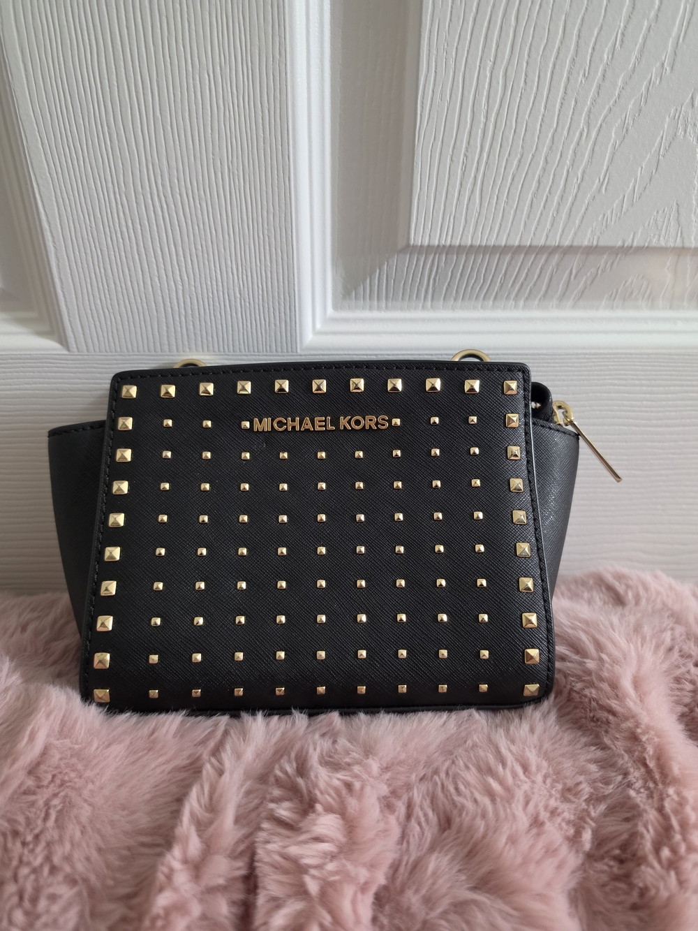 MICHAEL KORS Black Leather Crossbody with Gold Stud Detailing